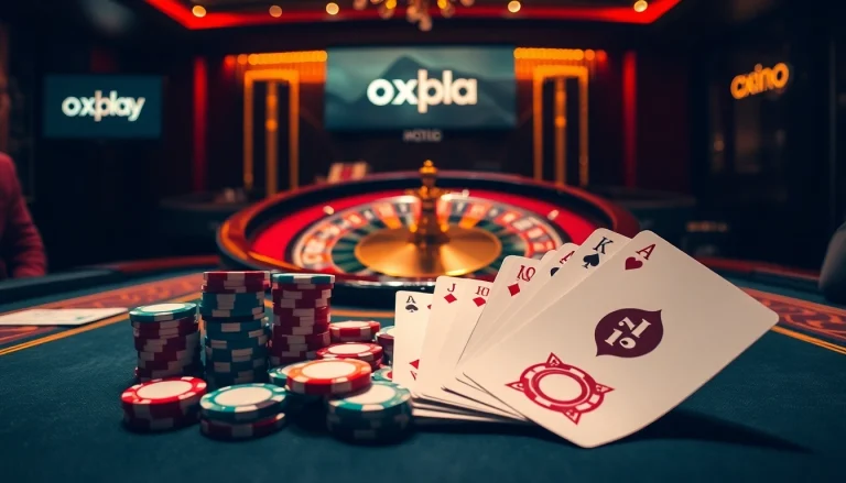 Experience thrilling casino action with oxplay poker chips and cards in a luxurious setting.