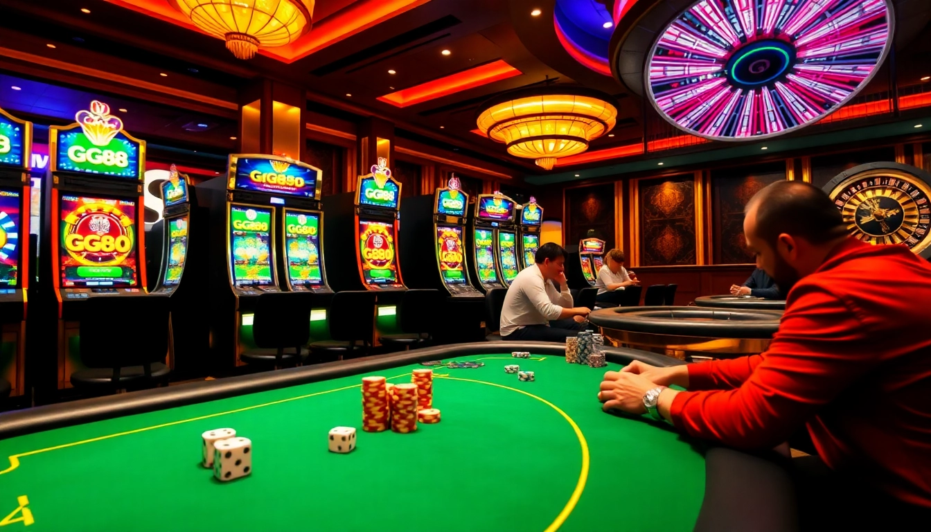 GG88-themed casino visuals showcasing vibrant slot machines, poker tables, and luxurious ambiance.
