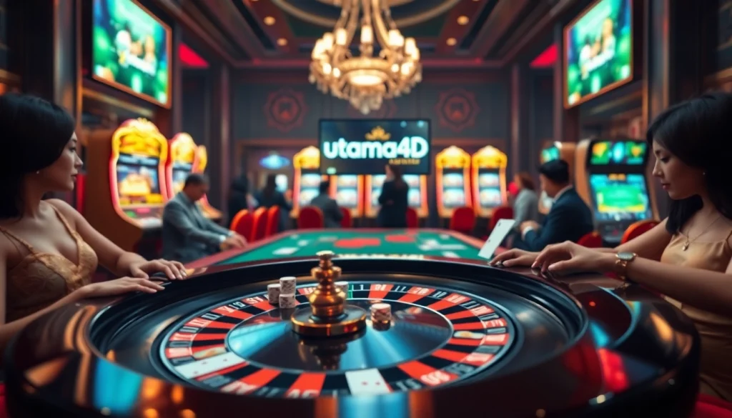 Mainkan slot yang seru di Utama4D dengan suasana kasino yang hidup dan meja roulette yang menarik.