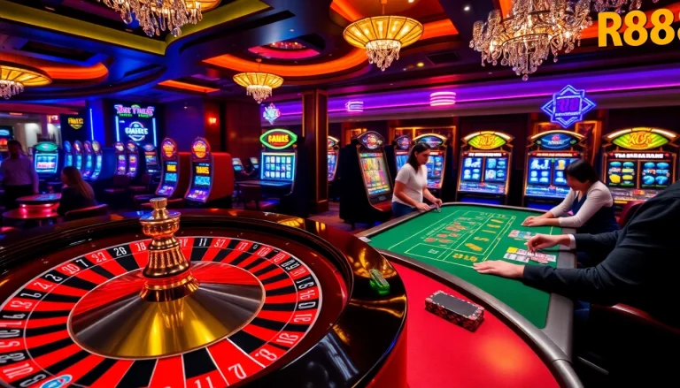 Experience thrilling gambling at RR88 with a vibrant casino scene showcasing roulette and poker.