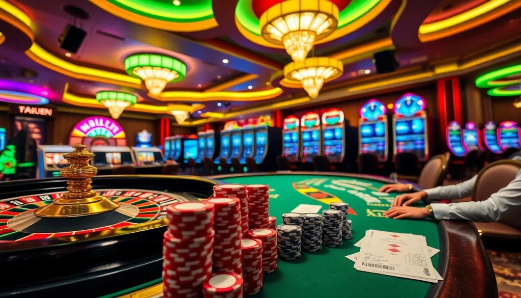 Exciting gaming action at https://nohu90pa.com with roulette, poker chips, and vibrant slot machines.