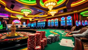Exciting gaming action at https://nohu90pa.com with roulette, poker chips, and vibrant slot machines.