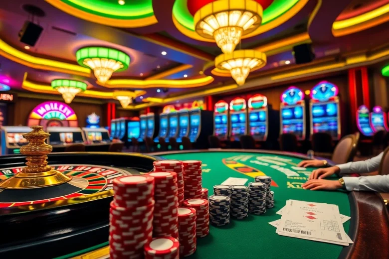 Exciting gaming action at https://nohu90pa.com with roulette, poker chips, and vibrant slot machines.
