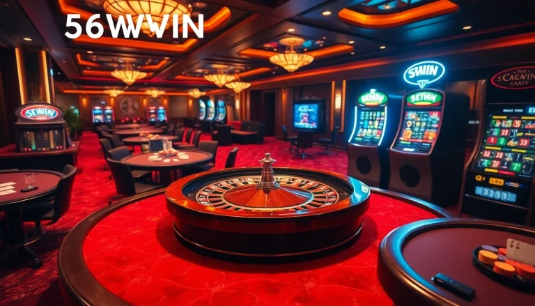 A lively casino scene showcasing excitement and luxury at 56WIN with poker tables, roulette wheel, and slot machines.