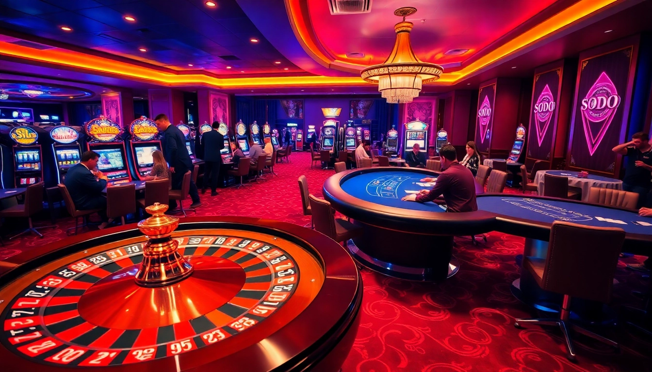 SODO casino vibrant scene with roulette wheel, blackjack table, and eager gamblers.