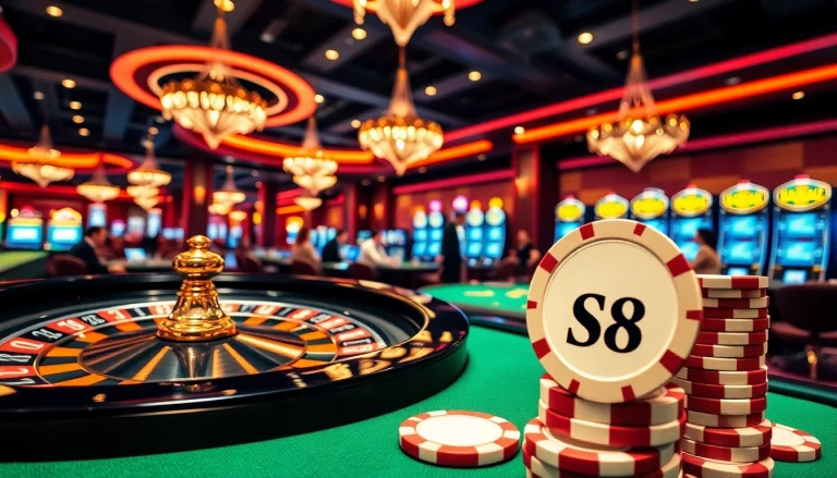 Experience thrilling card games and roulette at S8 casino tables with vibrant visuals.