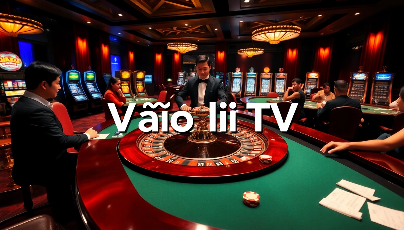 Experience the thrill of Vào lưới TV in a luxurious casino with roulette and vibrant gaming elements.