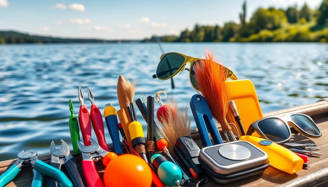 Explore essential Fly fishing accessories displayed elegantly with a scenic lake backdrop.