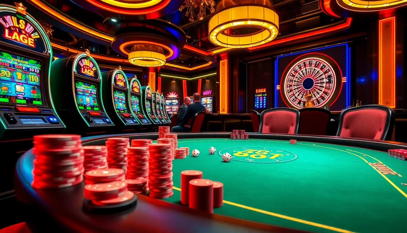Players strategizing in an elegant casino setting, showcasing 88t poker chips and vibrant slot machines.