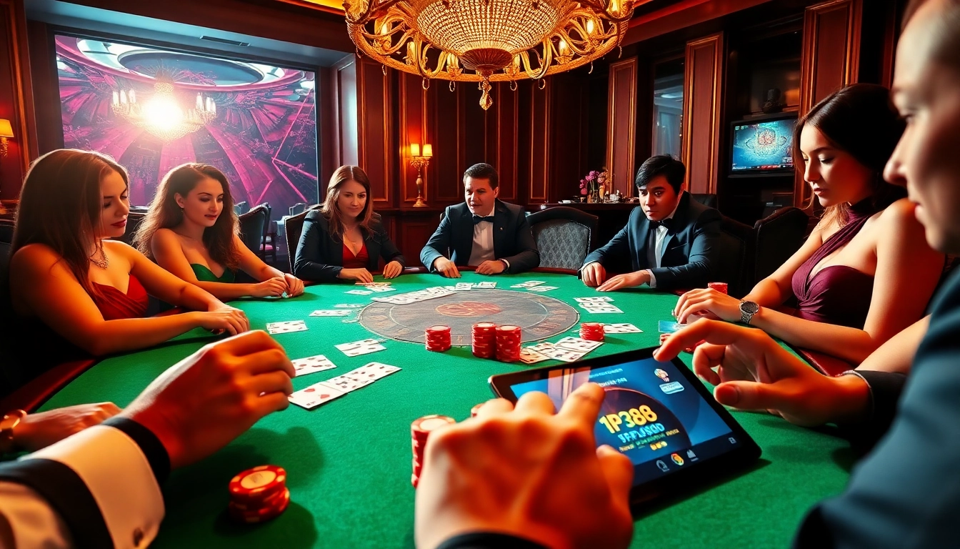 Experience thrilling poker action at kp88.bio with glamorous players by a luxurious table.