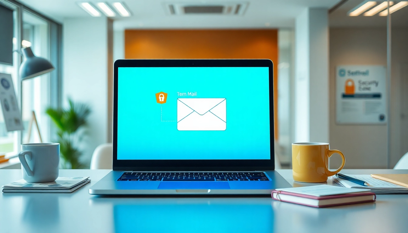 Utilize a temp mail disposable email service in a modern office setup showcasing digital security.
