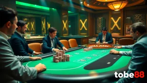 Tobet88 offers an exciting poker gameplay scene with professional dealers and vibrant atmosphere.