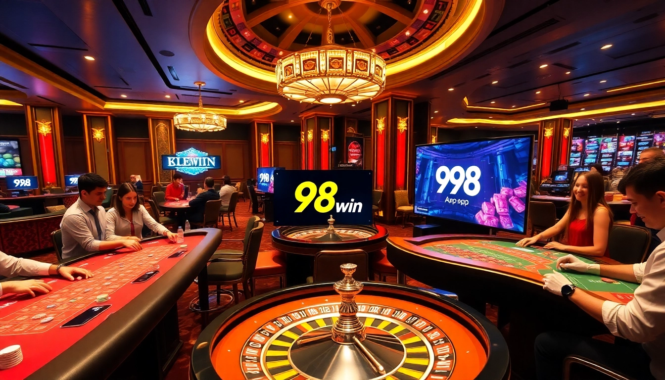 Engaged players enjoying gambling action using the 98win app in a vibrant casino setting.