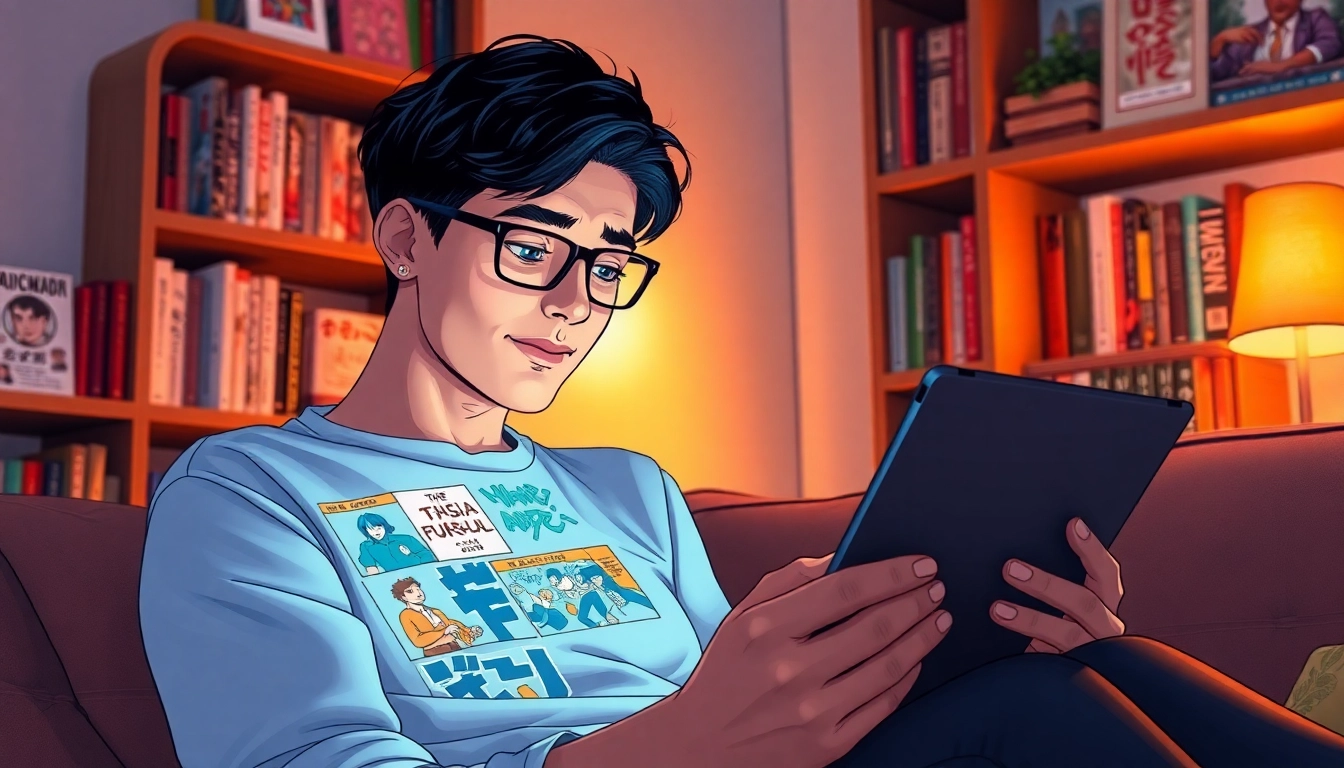 뉴토끼 웹툰을 즐기는 독자의 모습과 디지털 기기의 장면