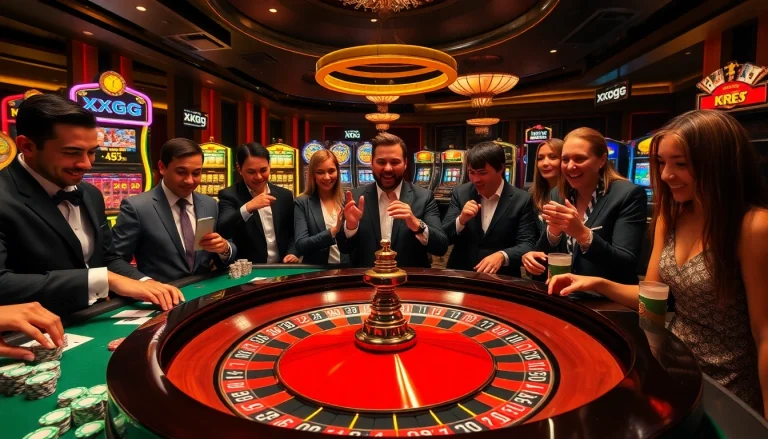 Gambers enjoying an exciting game at the casino featuring xxgg with roulette and poker elements.