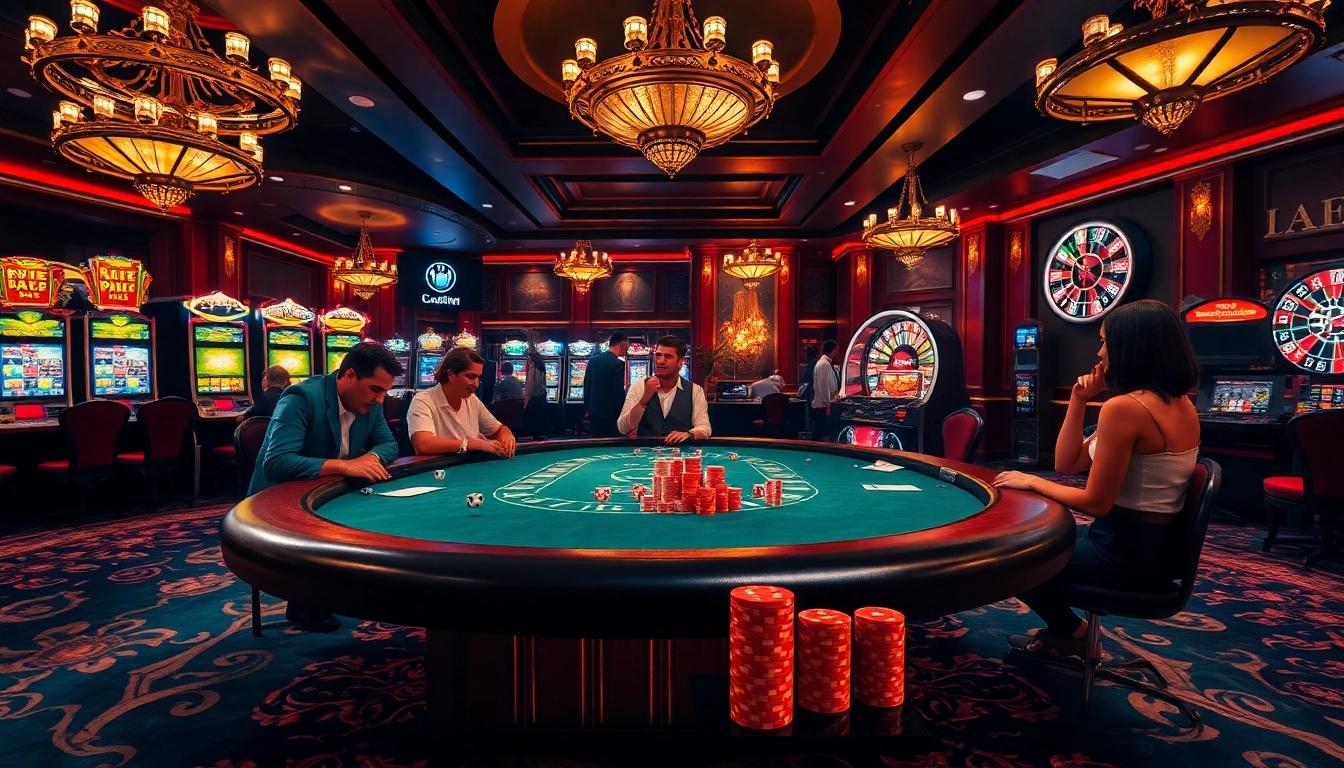 A dynamic scene capturing players engaged at a high-stakes poker table in a luxurious casino setting at https://789club.fast/, highlighting vibrant poker chips and illuminated slot machines.