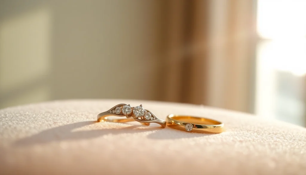 ベルベットの上に置かれた上品な結婚指輪（結婚指輪）、柔らかな日差しに照らされています。