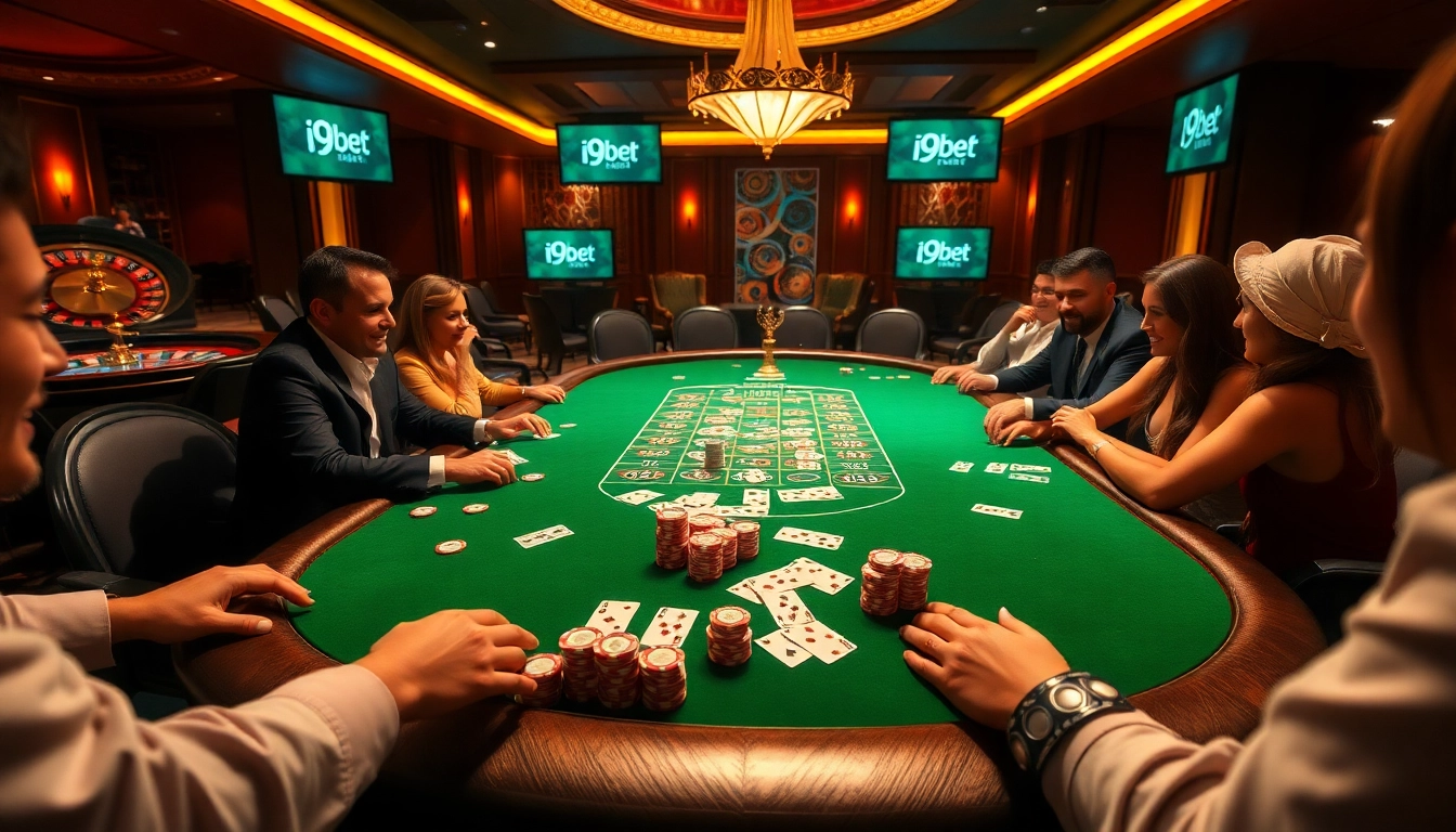 Players enjoying a thrilling poker game at i9bet with vibrant casino decor and engaging atmosphere.