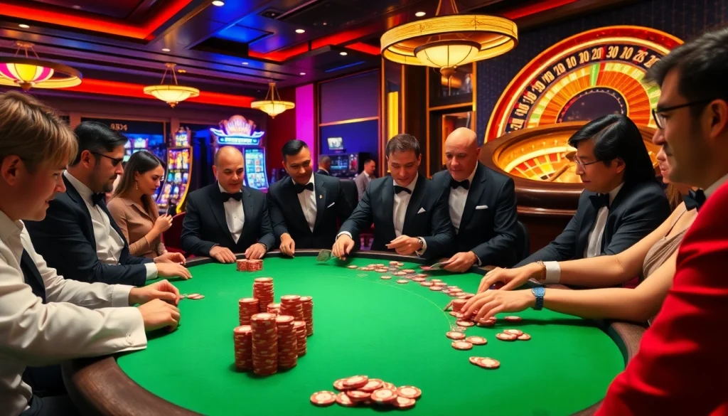 Exciting gambling scene at New88bet.us with poker, roulette, and slot machines in action.