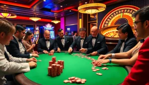 Exciting gambling scene at New88bet.us with poker, roulette, and slot machines in action.