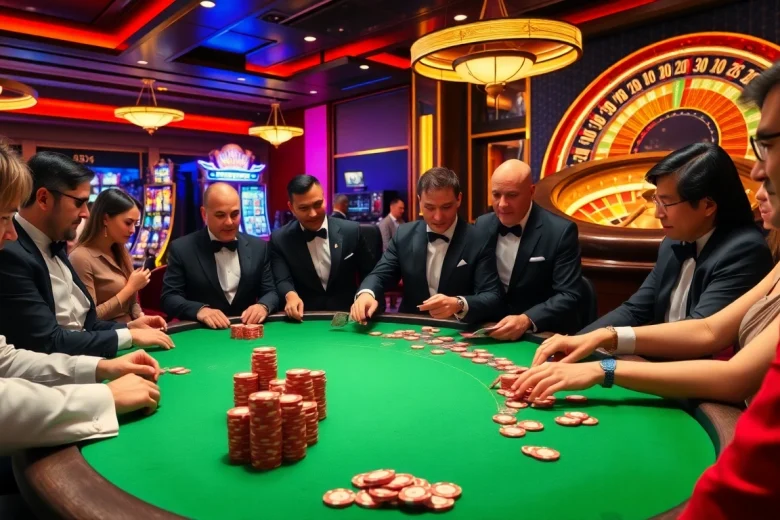 Exciting gambling scene at New88bet.us with poker, roulette, and slot machines in action.
