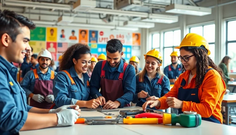 Students actively learning skills at an abc trade school, surrounded by tools in a vibrant classroom.