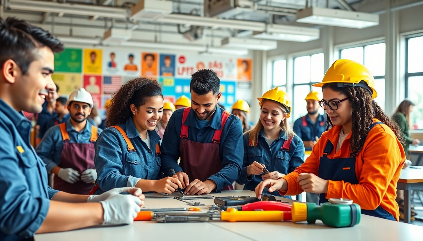 Students actively learning skills at an abc trade school, surrounded by tools in a vibrant classroom.