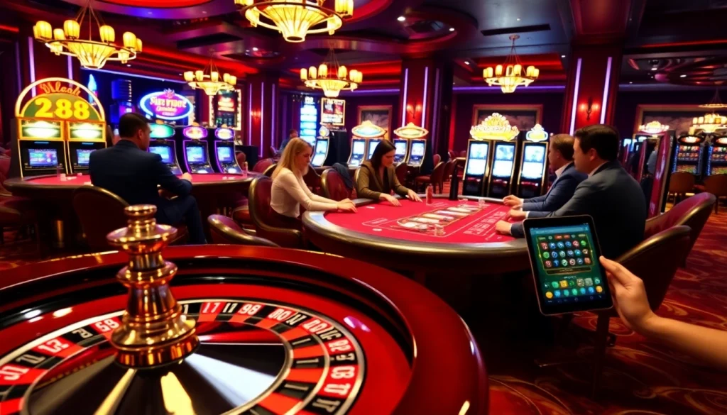 s88 gaming excitement with poker tables and roulette wheels in a luxurious casino setting