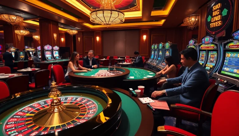 Players enjoying high-stakes gaming at UU88 casino with vibrant tables and thrilling slot machines.