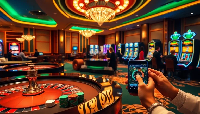 S8 app interface showcased on a vibrant casino floor with roulette tables and slot machines.