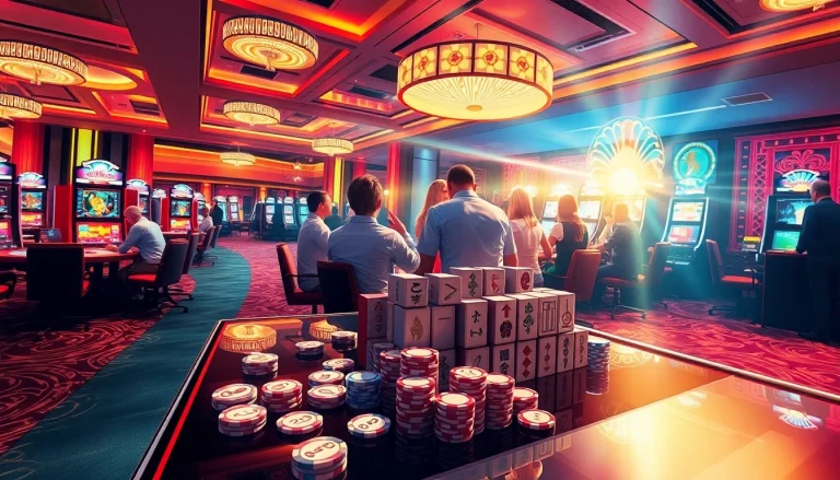 Experience Mahjong Ways 2 excitement with players at a rich casino table, surrounded by vibrant tiles and chips.