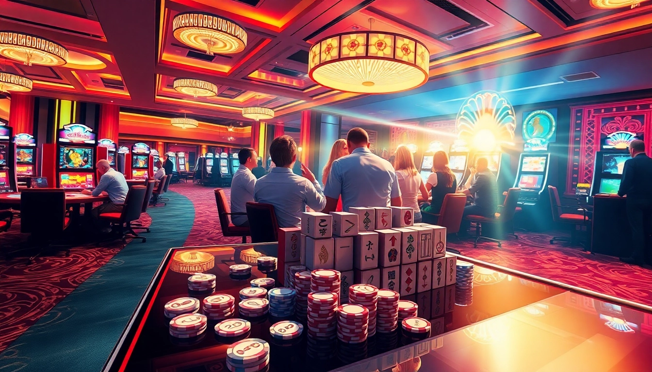 Experience Mahjong Ways 2 excitement with players at a rich casino table, surrounded by vibrant tiles and chips.
