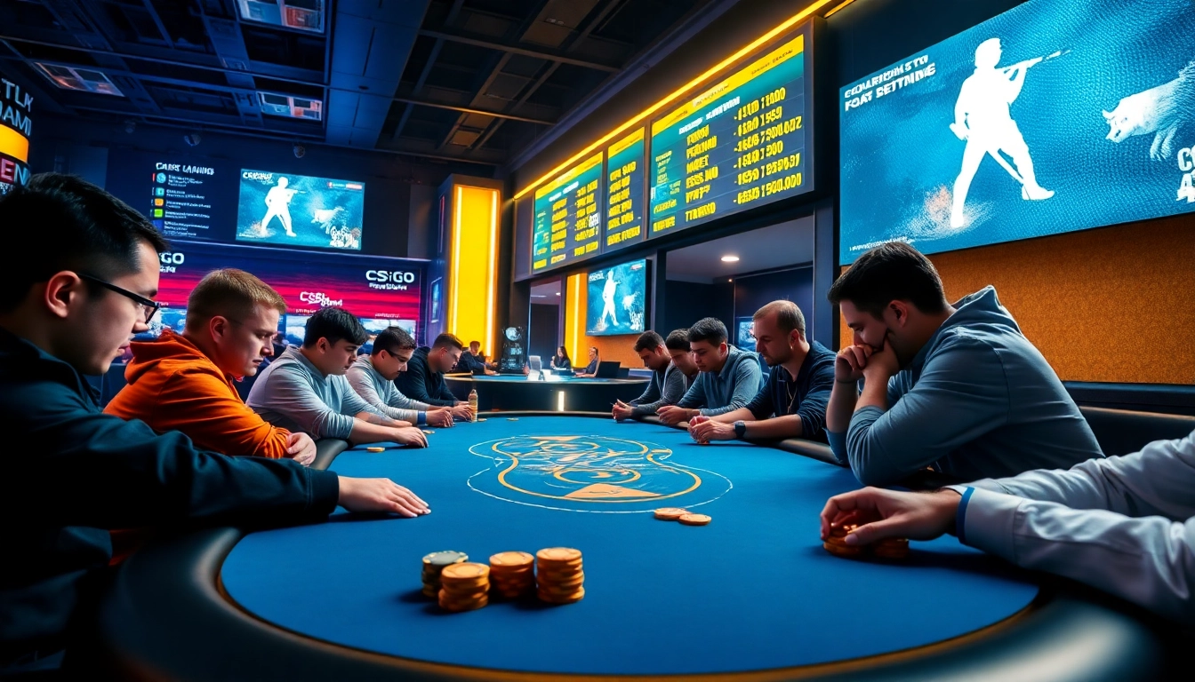 Engaged players at the best csgo gambling sites strategizing at a casino poker table, surrounded by digital displays.
