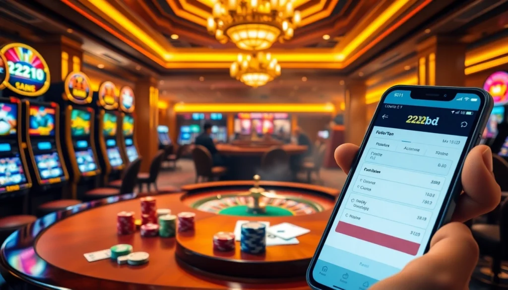 Engage in thrilling gameplay with the 222bd app's vibrant casino experience featuring poker chips and roulette.