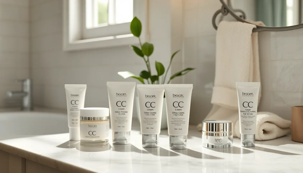 Best CC cream for oily skin displayed on a bathroom countertop, highlighting key product features.