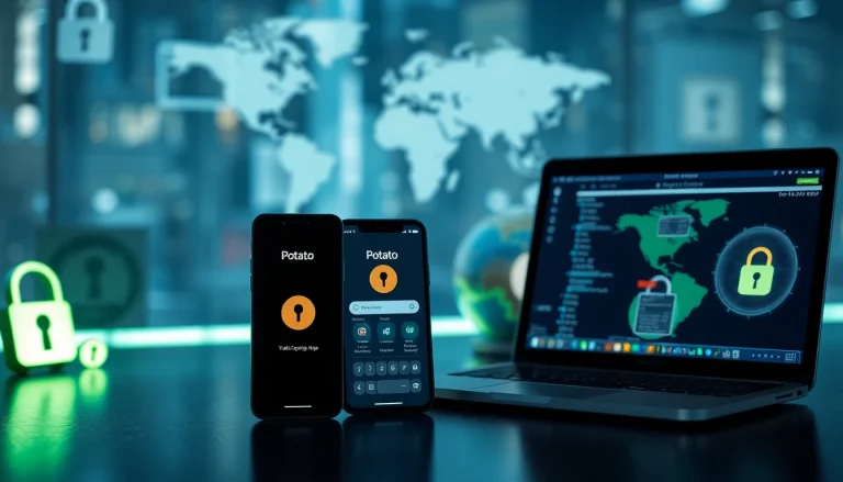 Potato app interface showcasing security features and global accessibility in a tech setting.