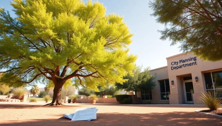 Tree Removal Permits in Arizona application scene with a healthy tree and planning office.