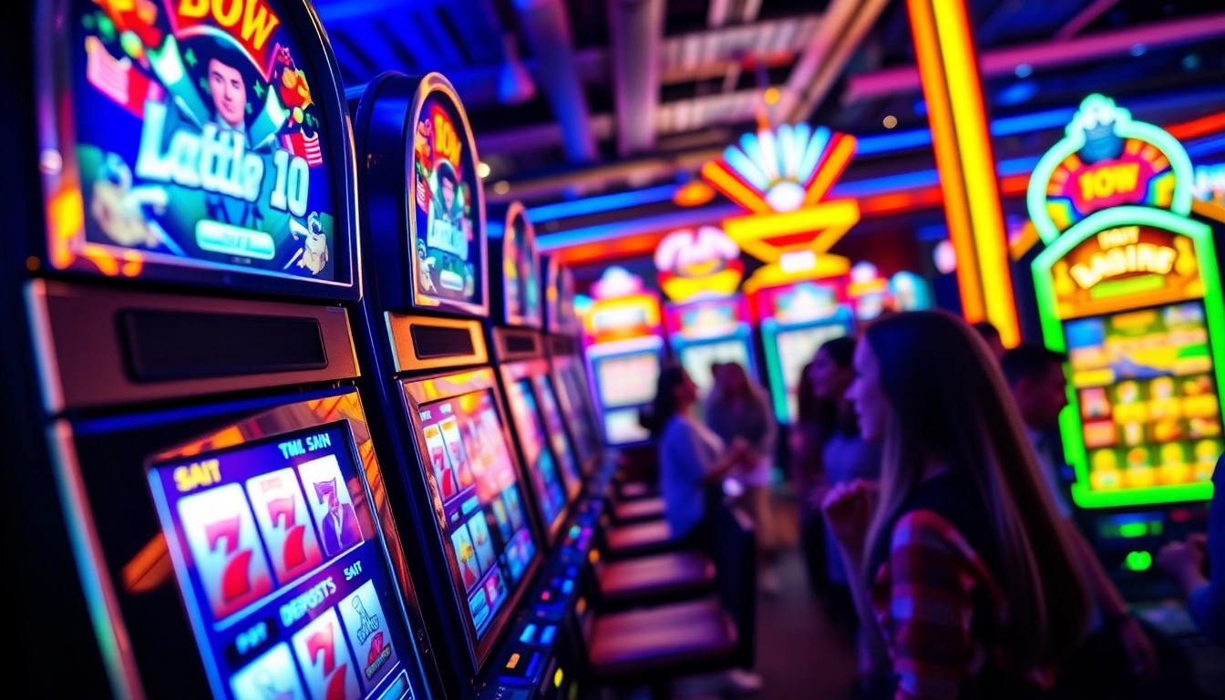 Menggambarkan slot depo 1k di lingkungan kasino yang meriah dengan mesin slot yang menarik.