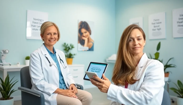 思いやりのある医師と患者が対話している、女性の薄毛治療の相談風景。