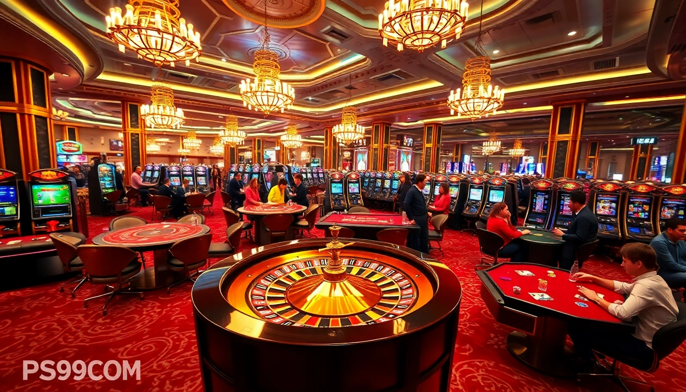 Experience the electric atmosphere of PS99 COM with thrilling gambling action and vibrant casino imagery.