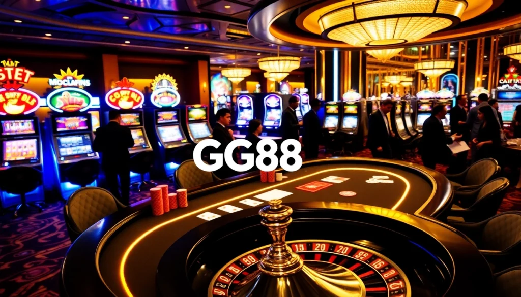 Engaging players at GG88 casino with luxurious poker tables and vibrant slot machines.