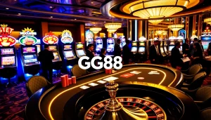 Engaging players at GG88 casino with luxurious poker tables and vibrant slot machines.