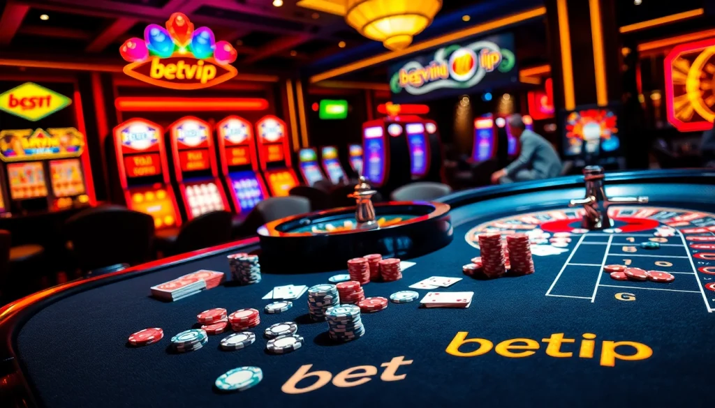 Người chơi BetVIP tham gia các trận casino với tiền cược cao tại bàn sang trọng, có chip poker và các lá bài.