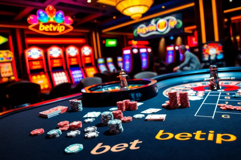 Người chơi BetVIP tham gia các trận casino với tiền cược cao tại bàn sang trọng, có chip poker và các lá bài.