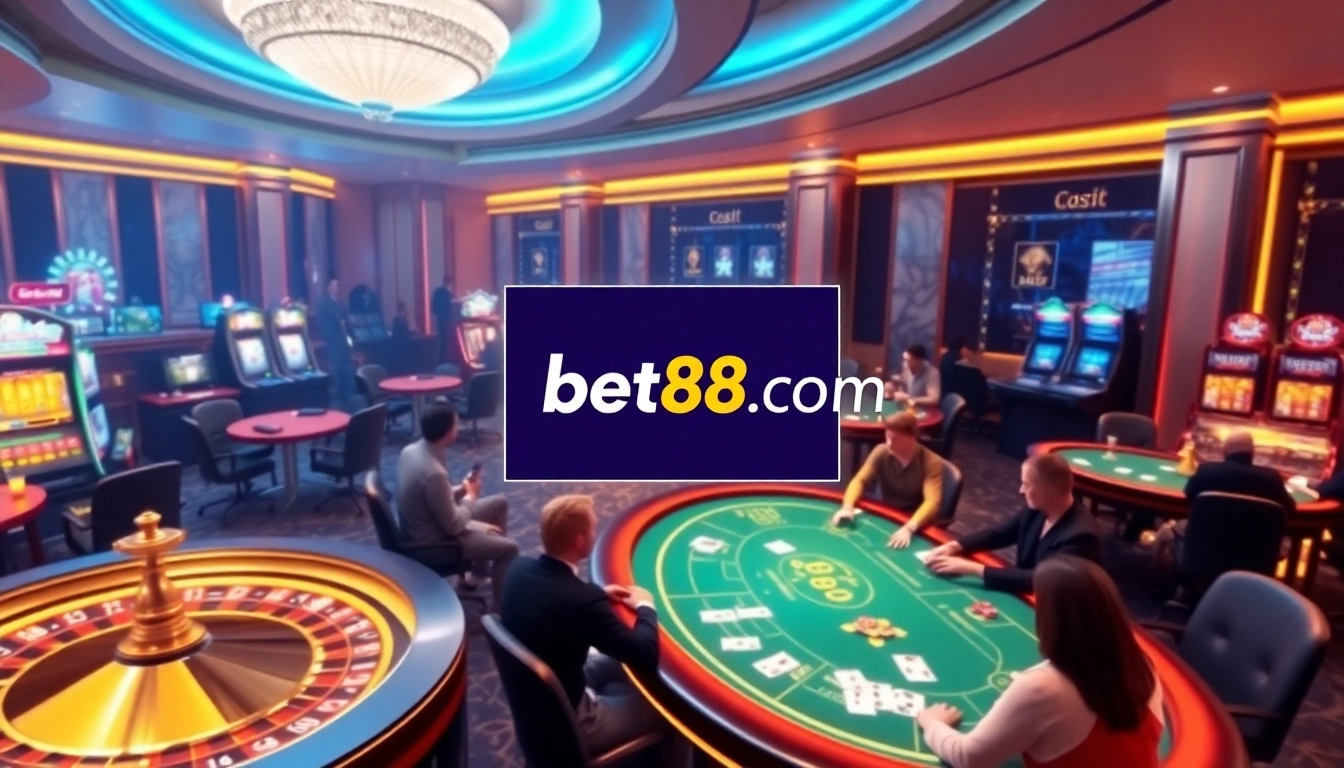 An engaging scene featuring vibrant casino elements like roulette and slot machines at bet88 com, capturing the essence of excitement in online gambling.