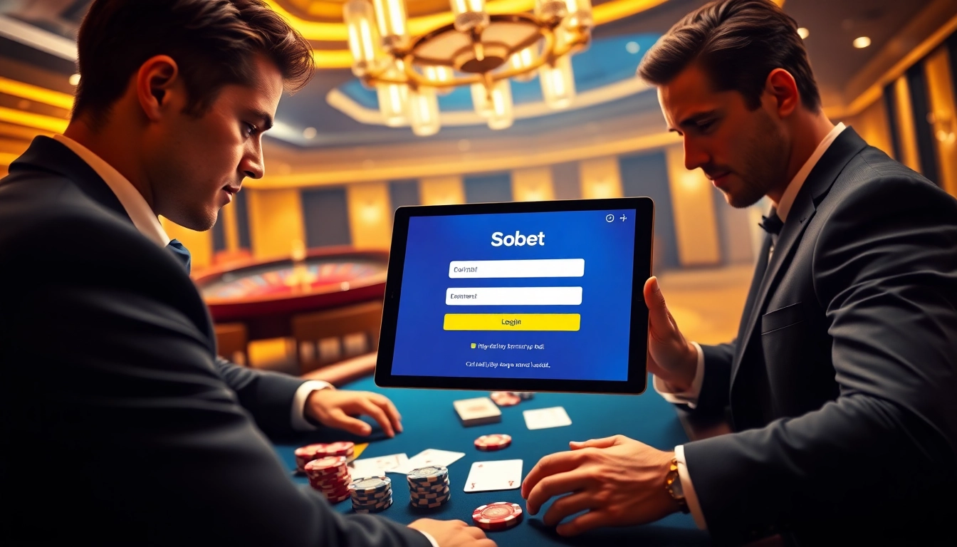 Experience sbobet login as a player strategizes in a luxurious casino with poker chips and cards.