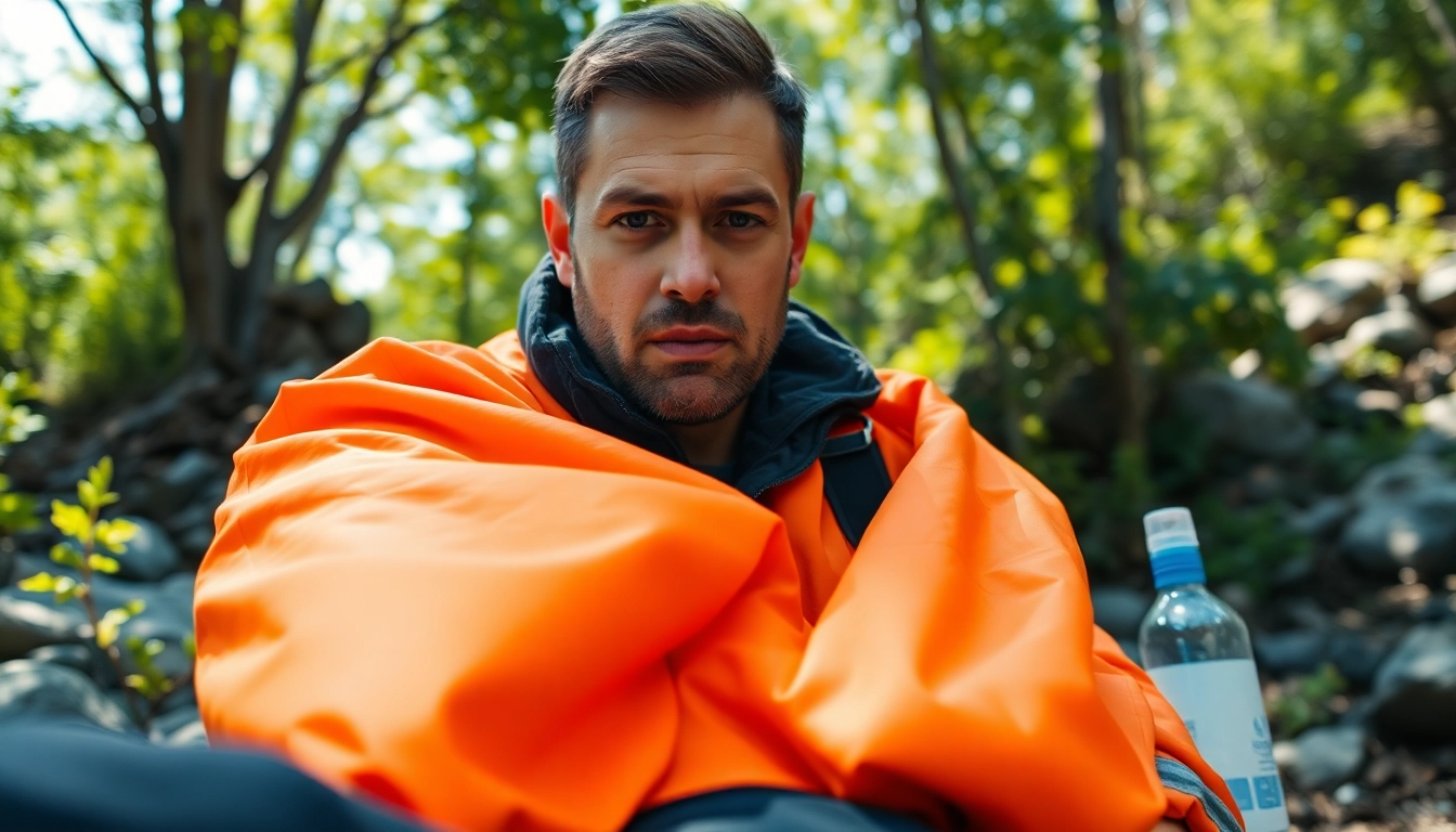 Responding to an emergency with an orange emergency blanket for warmth and safety.