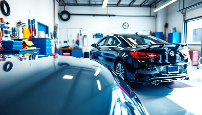 Auto detailing Cleveland TN with a professional setup showcasing a shiny car and quality detailing products.