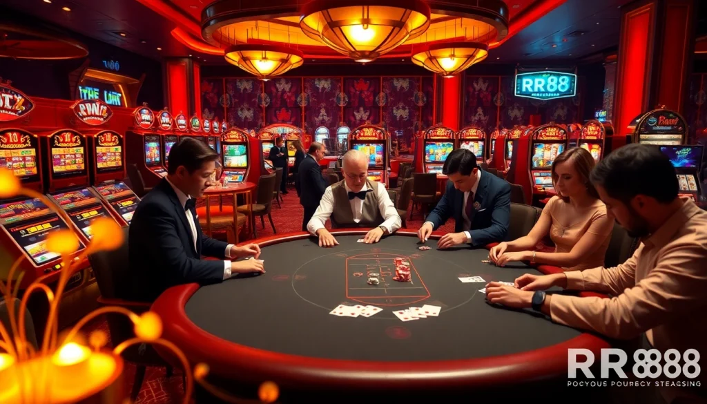 Exciting RR88 casino table scene with poker players and vibrant slot machines.