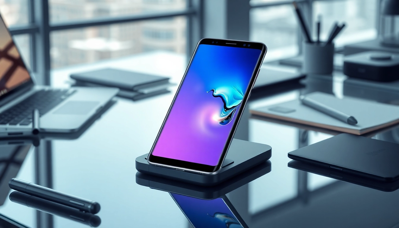 The Samsung Galaxy S8 showcased on a modern desk with tech accessories, highlighting its vibrant display and sleek design.